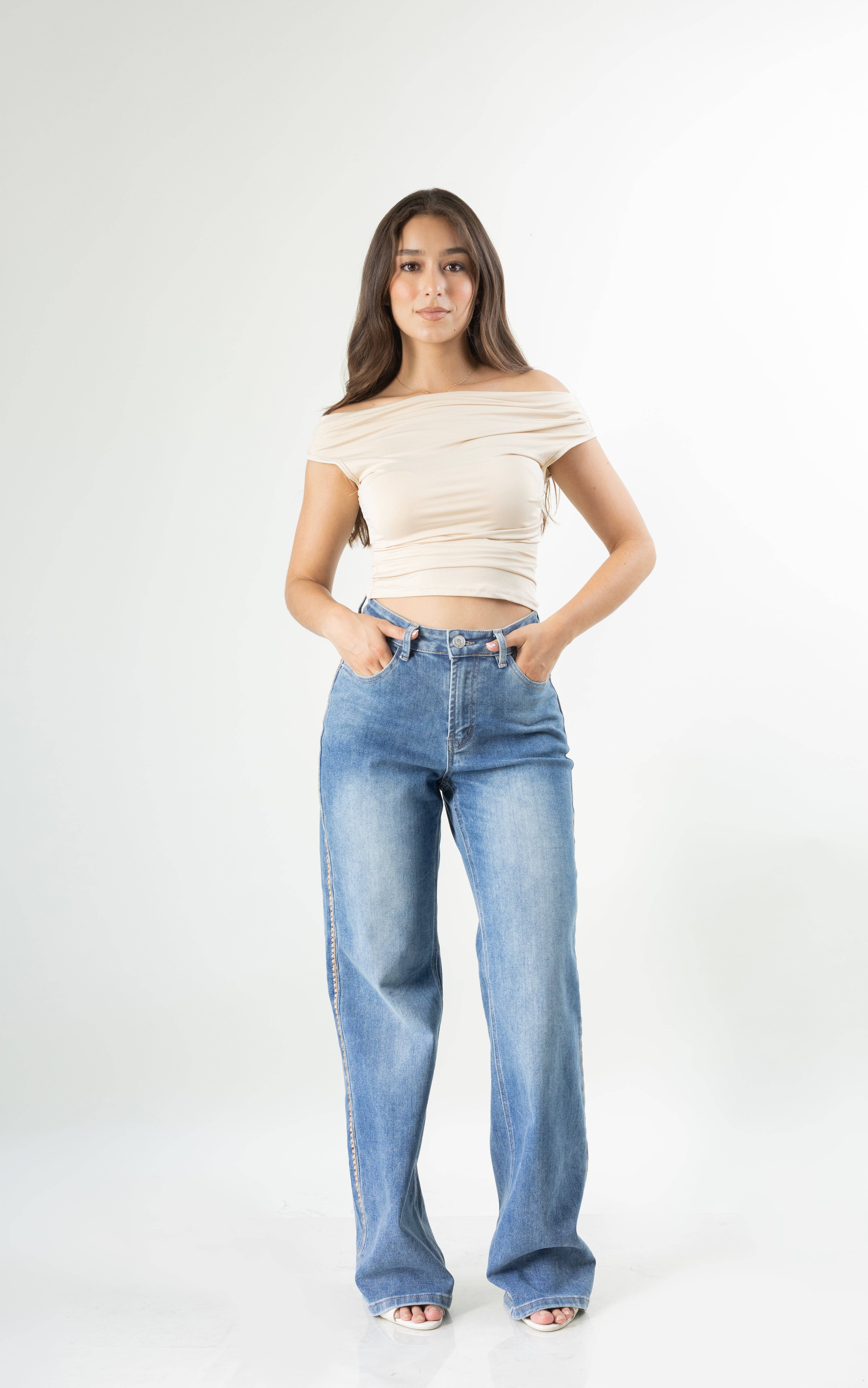 Pantalon Wide Leg Azul con Bordado Camel DXD0648
