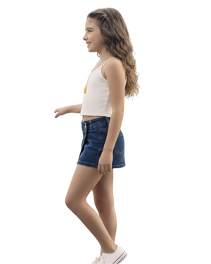Vista lateral de falda de mezclilla para niña tipo short falda en color azul oscuro