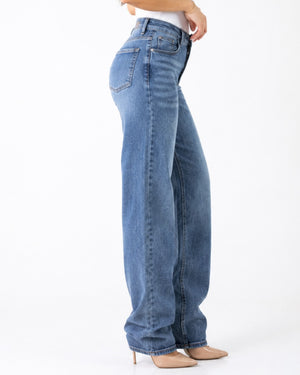 Pantalon straight azul de mezclilla para mujer vista lateral y trasera