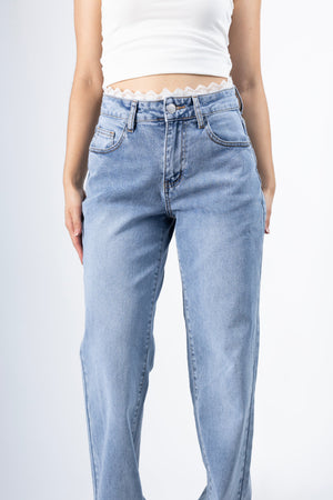 pantalon wide leg azul claro tiro alto mujer vista frontal