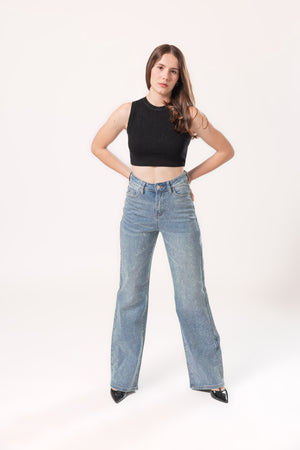 pantalon wide leg azul con brillo vista frontal completa