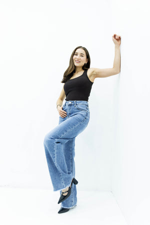 Pantalon wide leg blue para mujer con pierna amplia y diseño denim relajado