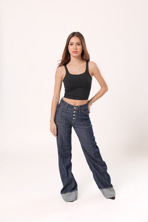 Pantalon wide leg dark blue para mujer con pretina asimétrica y pierna amplia vista frontal completa