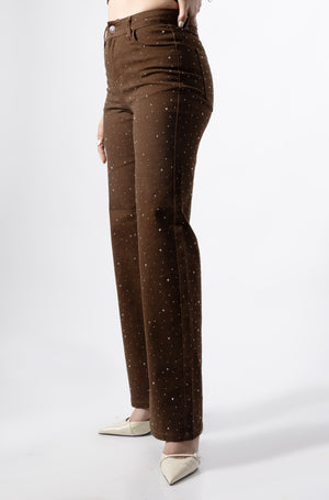 pantalon wide leg cafe con brillos detalle lateral de cadera y pierna
