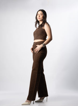 pantalon wide leg cafe con brillos vista lateral completa