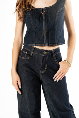 Pantalon wide leg azul oscuro detalle frontal de cintura y cierre