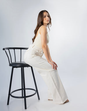 pantalon wide leg beige look lateral sentado