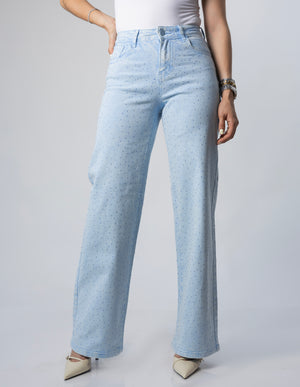 pantalon wide leg azul pastel con brillos vista frontal completa