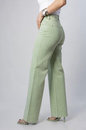 pantalon wide leg verde con brillos vista lateral trasera detalle de ajuste