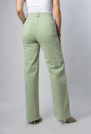 pantalon wide leg verde con brillos vista trasera completa