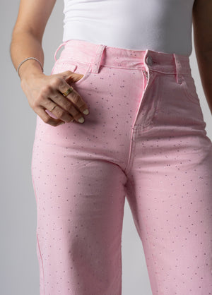 pantalon wide leg rosa pastel con brillos detalle frontal de cintura y textura