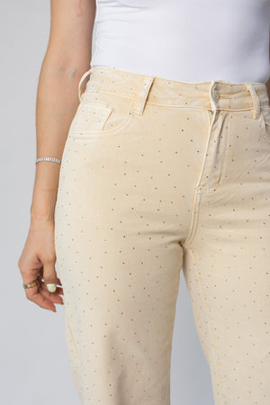 pantalon wide leg amarillo pastel con brillos detalle frontal de cintura y textura