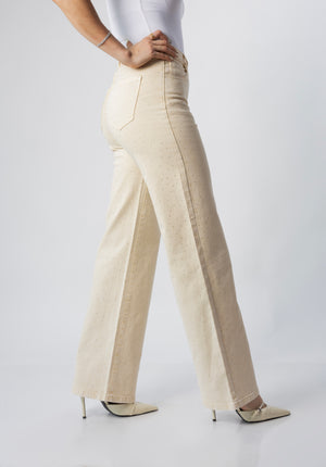 pantalon wide leg amarillo pastel con brillos vista lateral completa