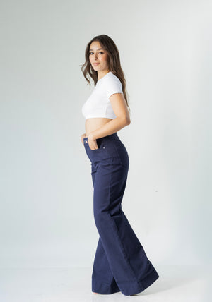Pantalon wide leg navy para mujer vista lateral