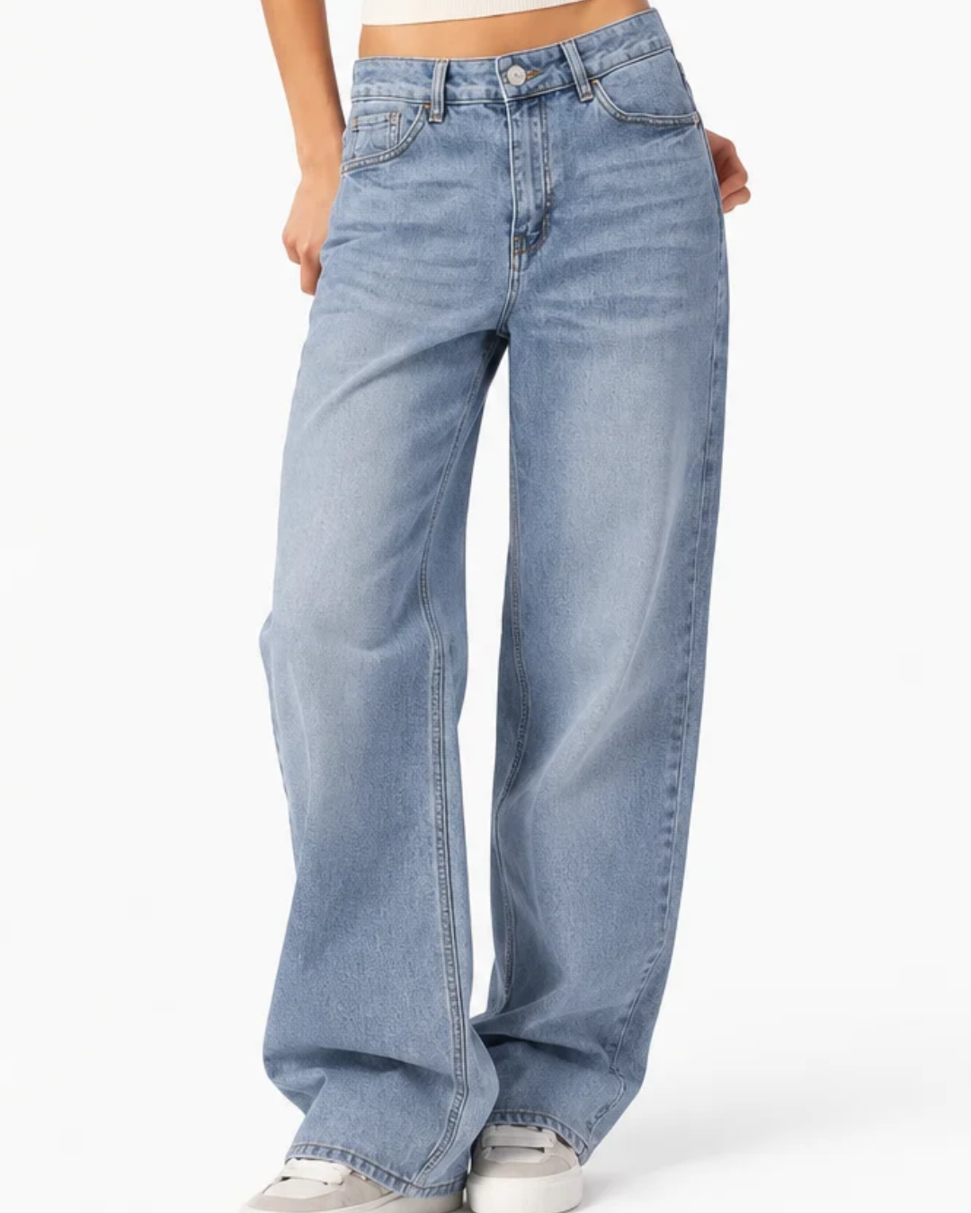 Pantalon de mezclilla wide leg para mujer en tono light blue, modelo DXD0665-LT BLUE, de pierna amplia.