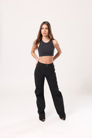 pantalon wide leg negro con brillos de mujer vista frontal completa