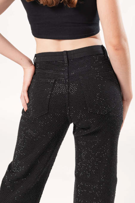 pantalones mujer negros con detalles brillantes vista trasera denim