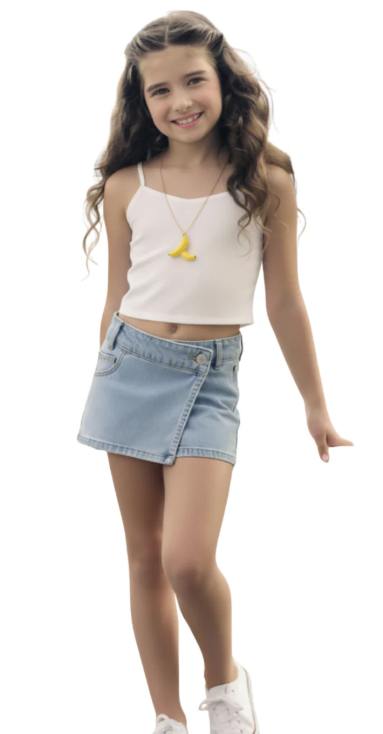 ropa para niñas falda de mezclilla clara con cruce frontal look completo