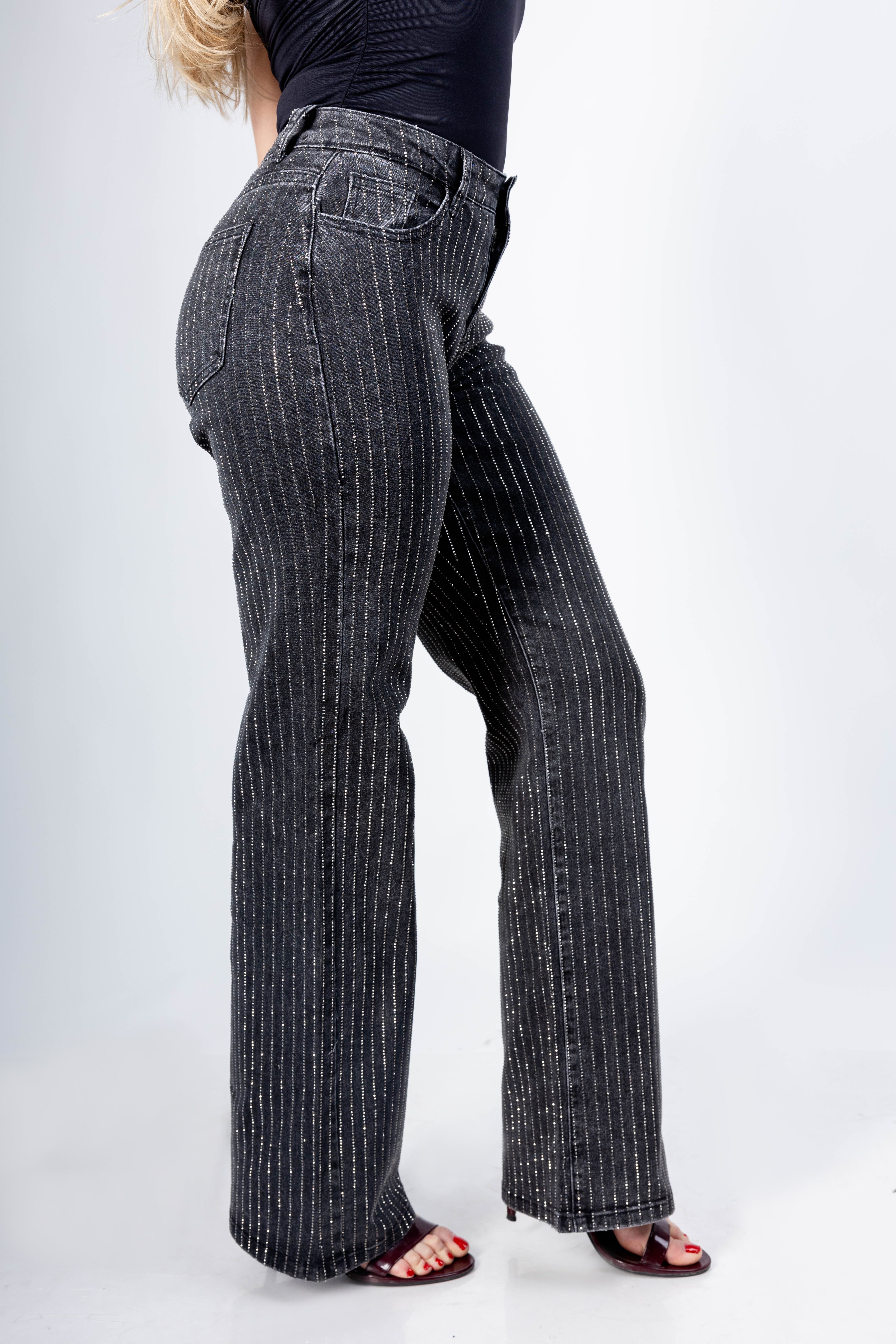 Pantalon recto con brillos DXD0425-NEGRO COMBO