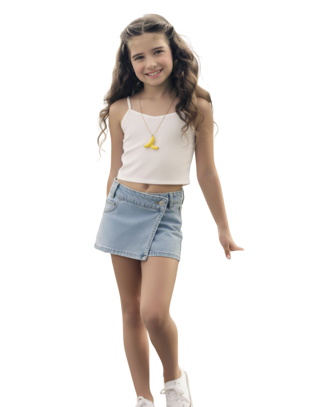 Falda de mezclilla light blue para niña tipo short falda con diseño cruzado vista frontal