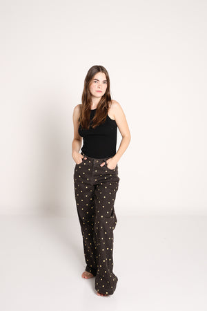 Jeans polka dots wide leg chocolate con lunares amarillos