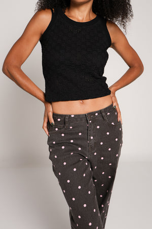 Jeans polka dots wide leg chocolate con lunares rosas