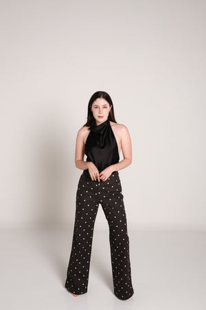Jeans polka dots wide leg chocolate con lunares azules para mujer