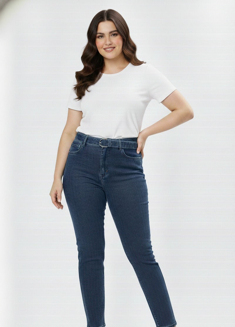 Pantalon acampanado CURVY azul con brillos vista frontal para mujer