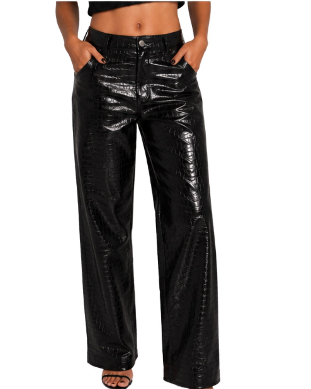 Pantalon straight negro brillante efecto piel, vista trasera para mujer.