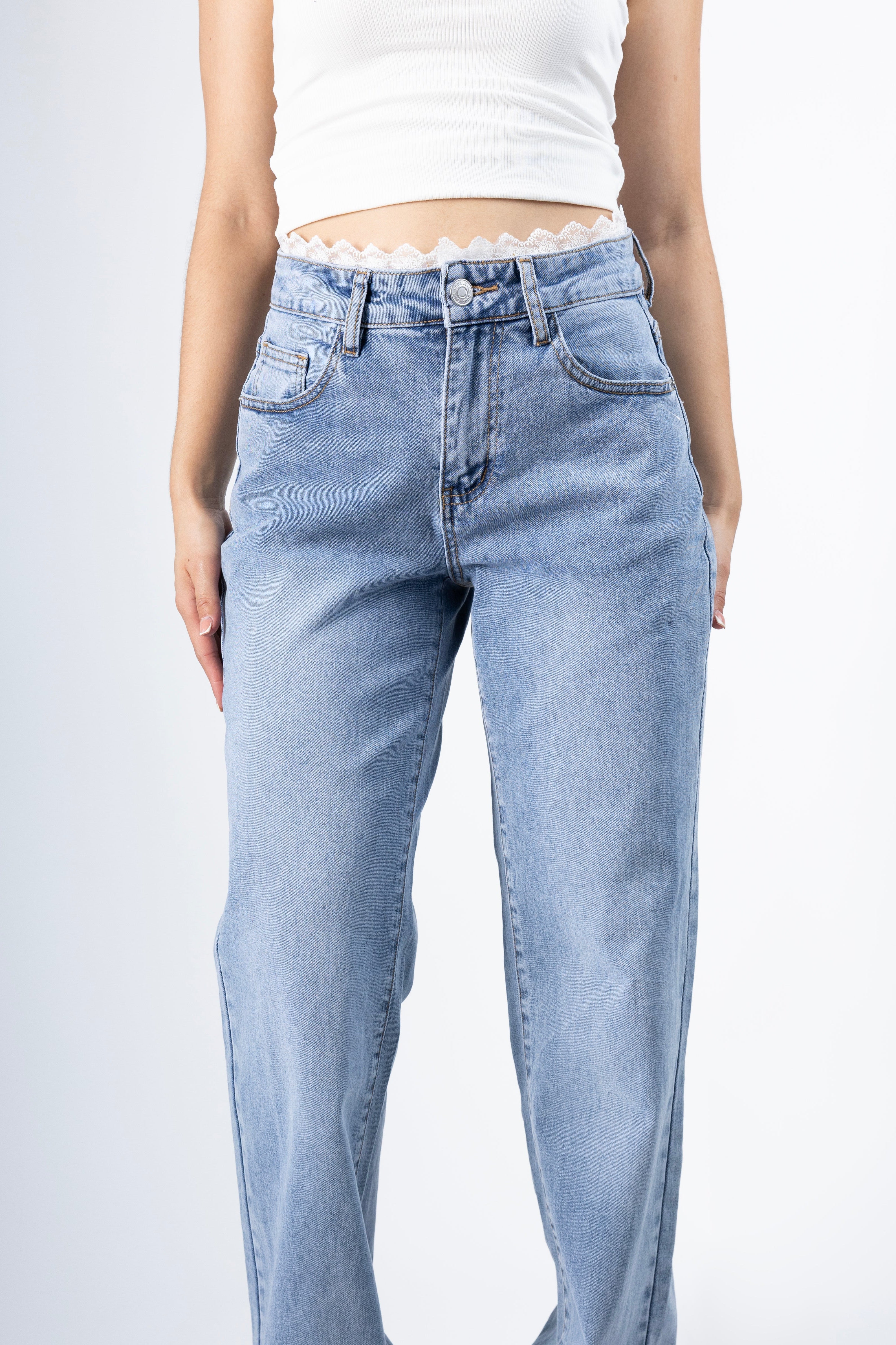 pantalon wide leg azul claro tiro alto mujer vista frontal