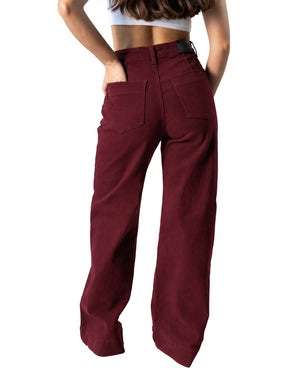 Pantalon wide leg burgundy de tiro alto, vista trasera.