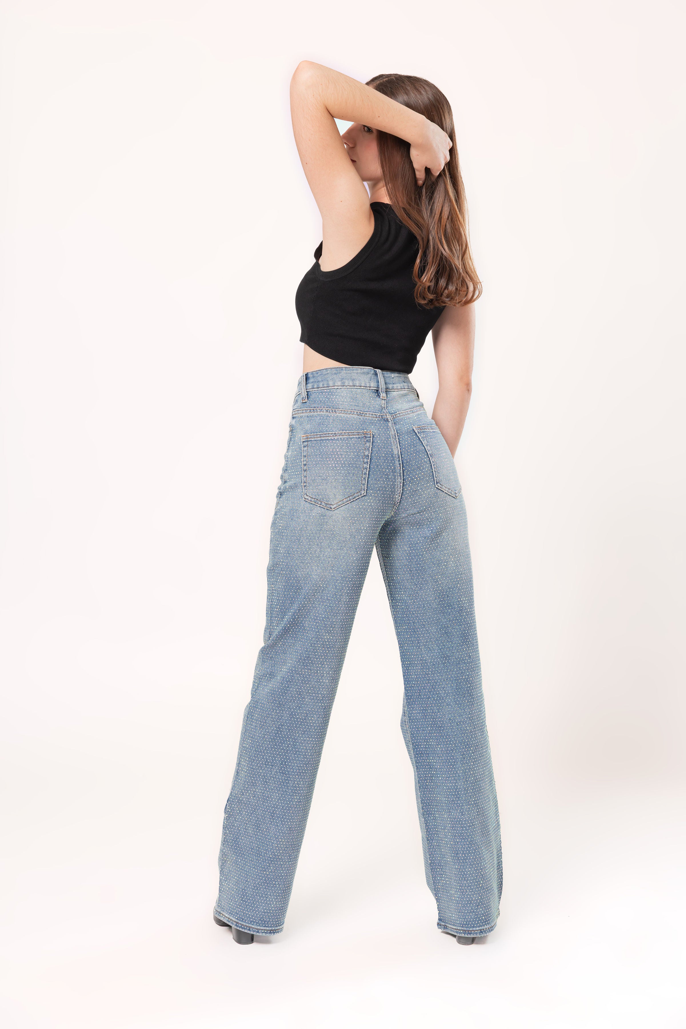 pantalon wide leg azul vista trasera con bolsillos
