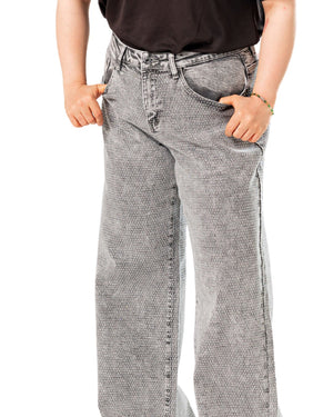 Pantalon wide leg gris con brillos detalle frontal en cintura