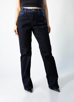 pantalon wide leg azul oscuro con contraste negro vista frontal completa