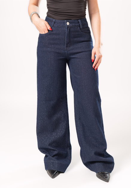 Pantalon wide leg dark blue de mezclilla con pierna amplia y acabado brillante vista frontal