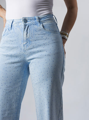 pantalon wide leg azul pastel con brillos detalle frontal de cintura y textura