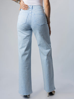 pantalon wide leg azul pastel con brillos vista trasera completa