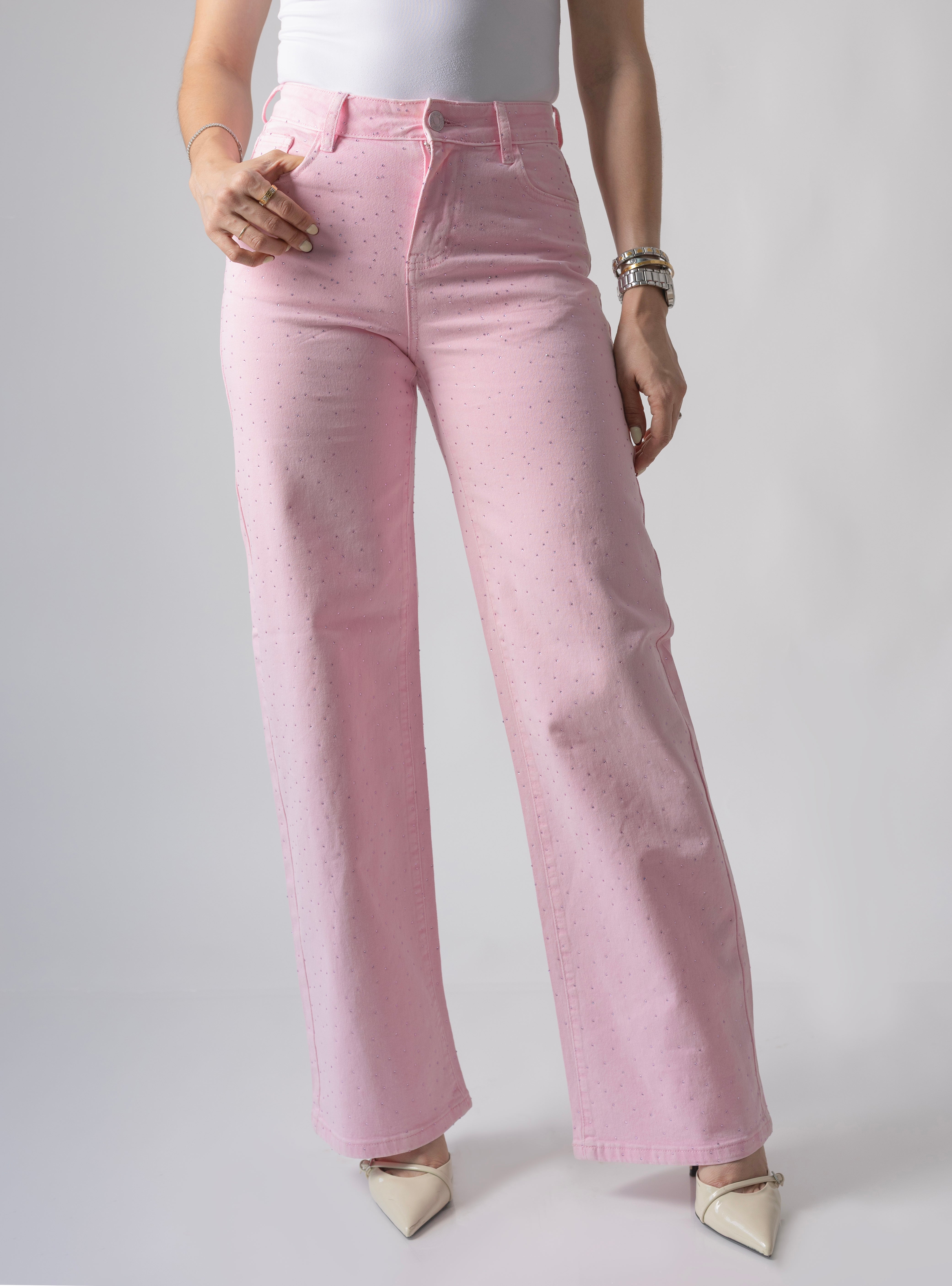 pantalon wide leg rosa pastel con brillos vista frontal completa