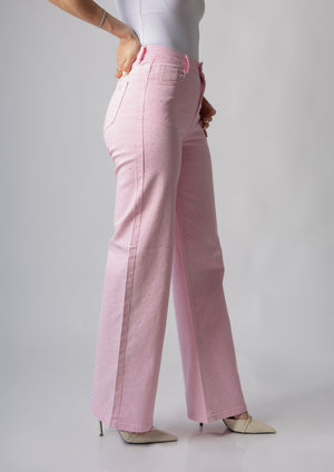 pantalon wide leg rosa pastel con brillos vista lateral completa