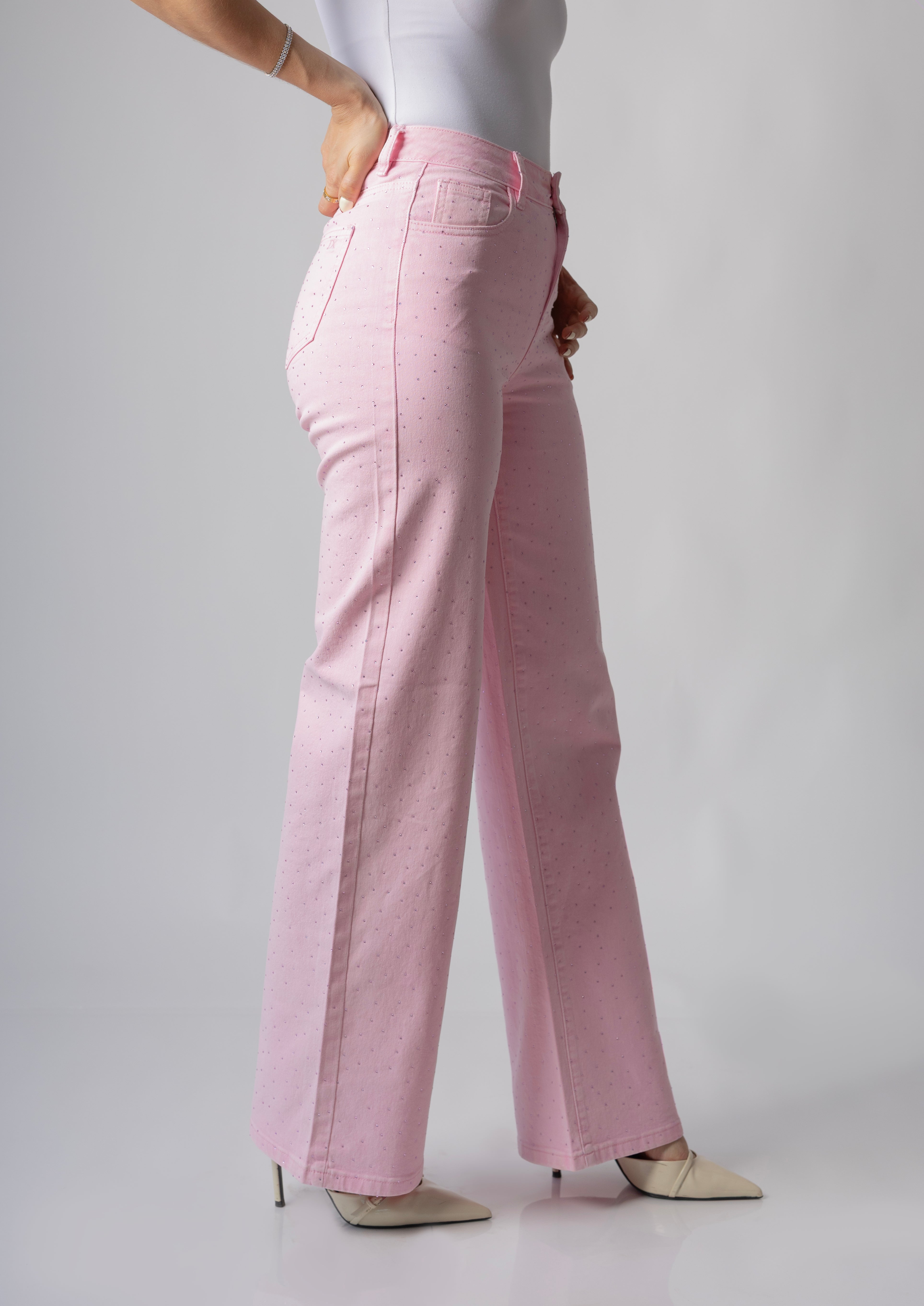 pantalon wide leg rosa pastel con brillos vista lateral completa