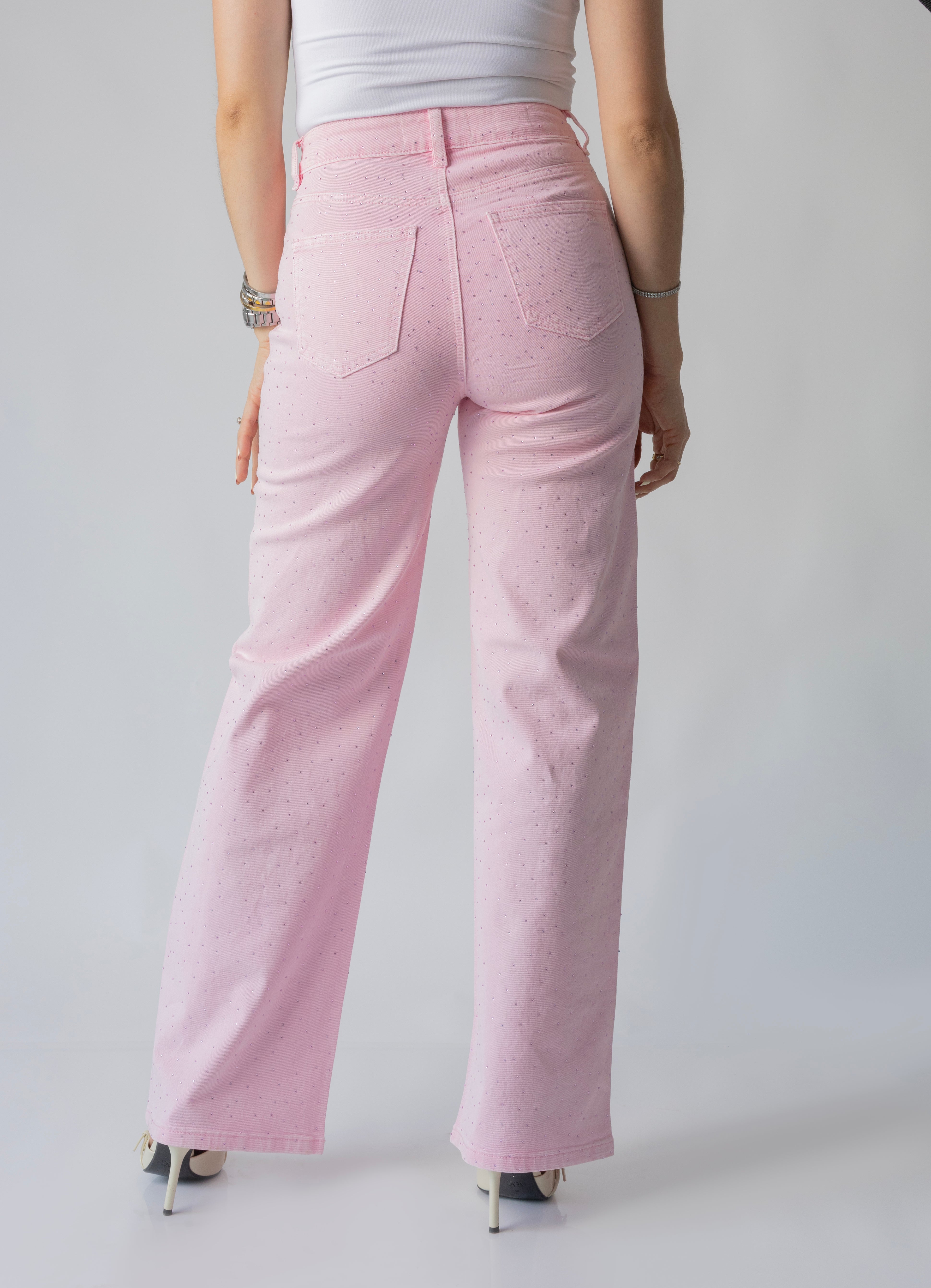 pantalon wide leg rosa pastel con brillos vista trasera completa