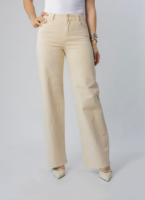 pantalon wide leg amarillo pastel con brillos vista frontal completa