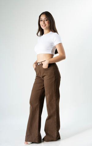 Pantalon wide leg café para mujer con pierna amplia