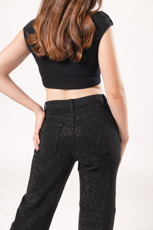 pantalon wide leg negro con pedreria detalle trasero con bolsillos