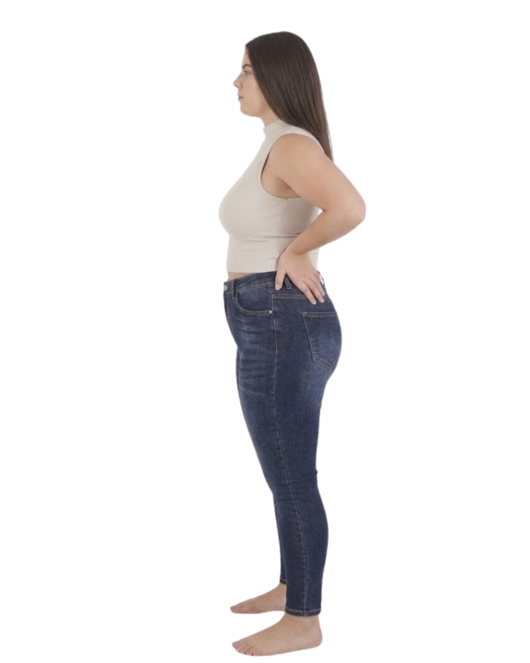 skinny jeans curvy azul oscuro vista lateral ajuste ceñido con bolsillos traseros